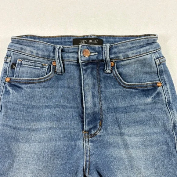 Judy Blue Flare Jeans Women Size 3 24x30 Blue Excellent Raw Hem High Rise - Picture 2 of 10